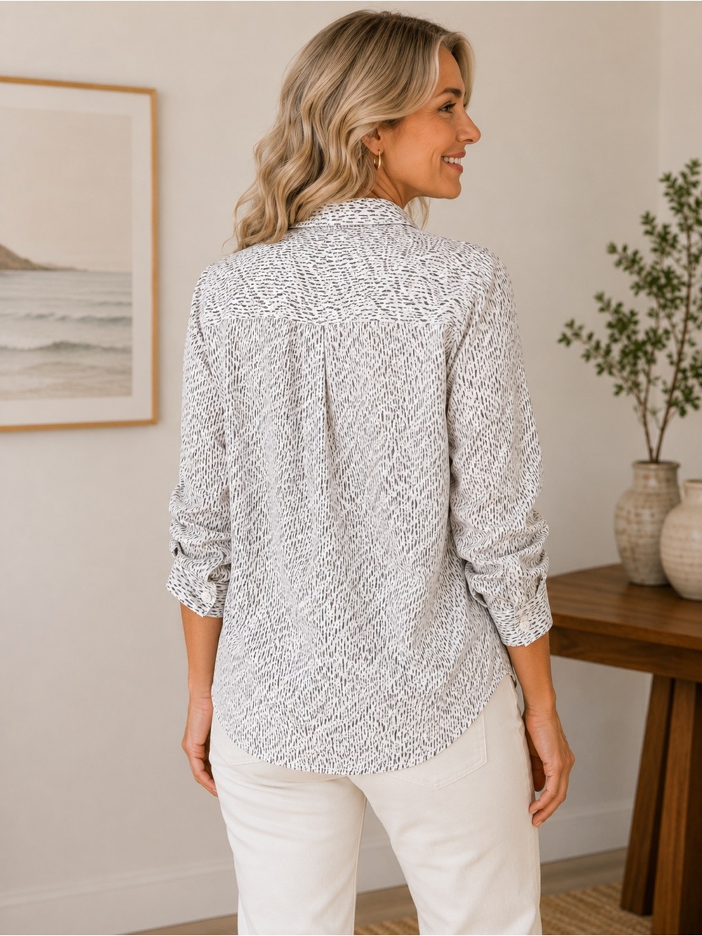 Garnet Hill White Speckle Pima Cotton Quiet Luxury Button Front Size 12 Shirt - Picture 9 of 9